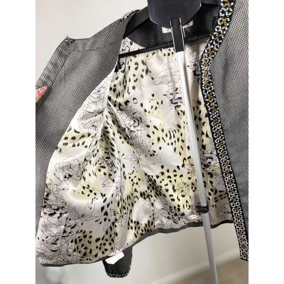 WD-Platinum Beaded Houndstooth Blazer Jacket Black White Size 12 Leopard Lining - Picture 7 of 8